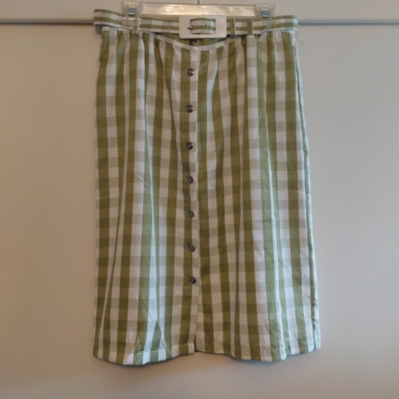 Modcloth New Retro green Gingham Checked Midi skirt belted Size 12 Acadamia - Picture 2 of 11